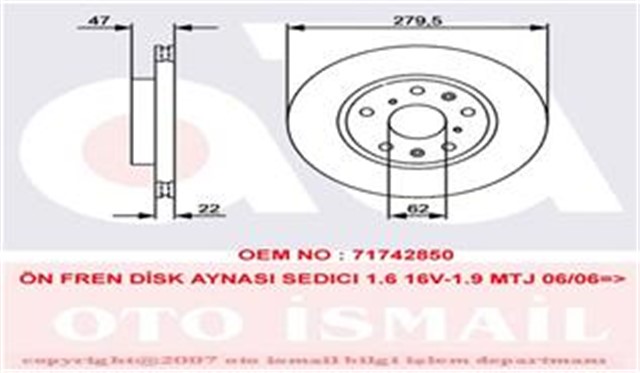 ON FREN AYNASI FIAT SEDICI 06 14 SUZUKI SX4 07 10 280X22X47 5 DELIK