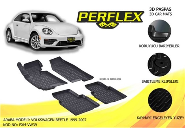 PERFLEX 3D X - MAT HAVUZLU PASPAS CESITLERI SIYAH VOLKSWAGEN BEETLE 1999 - 2007 3D X - MAT 5 PCS