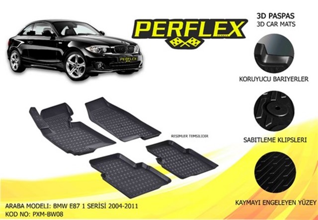 PERFLEX 3D X - MAT HAVUZLU PASPAS CESITLERI SIYAH BMW E87 1 SERISI 2004 - 2011 3D X - MAT 5 PCS