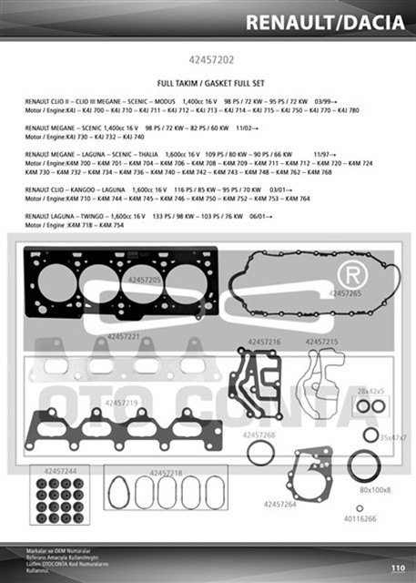 MOTOR TAKIM CONTASI MGN - CLIO - LGN - LOGAN 1.4 - 1.6 16V K4J - K4M KECELI SUBAP LASTIKLI
