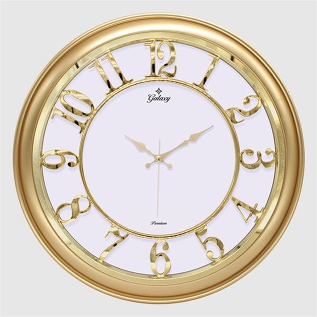 DUVAR SAATI ALTIN SARISI CERCEVELI ICI BEYAZ 45CM KABARTMA RAKAMLI SELEFON KORUMALI AMERIKAN BRISTOL KADRAN METALIK AKREP/YELKOVAN/SANIYE AKAR SANIYELI MEKANIZMA AKRILIK BOYA ABS HAMMADDE MINERAL CAM