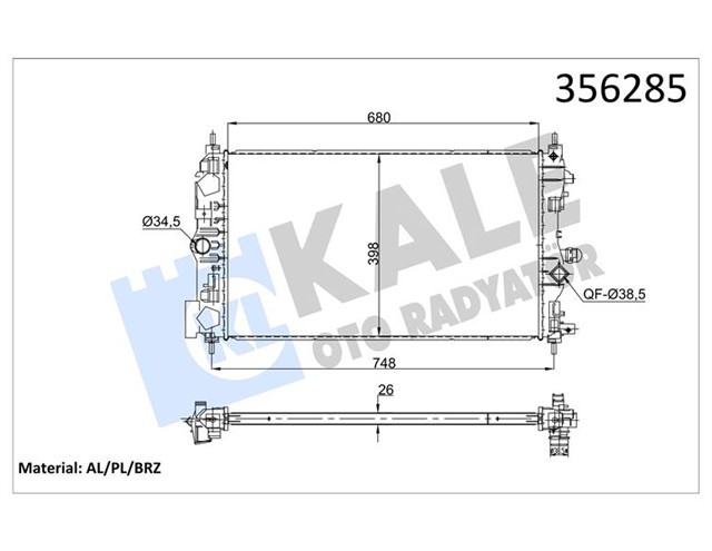 RADYATOR ASTRA J 1.6/1.7CDTI 09 CASCADA 2.0CDTI 12 ZAFIRA 1.6/2.0CDTI 11 CRUZE 1.7D 12 MT 26MM AL/BRZ 680X398X26 13312812 - 13336887 - 13393983 - 39074655 - 39074656 - 39074664