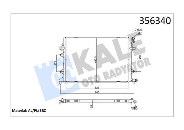 ARA SOGUTUCU RADYATOR YETI - BEETLE - CADDY IV - GOLF VI - JETTA IV - SCIROCCO LT RADYATOR AL/BRZ 628X440.5X26