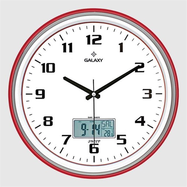 T - 1971 - NG DUVAR SAATI KIRMIZI - GRI CIZGI CERCEVELI 35.5CM TAKVIMLI TERMOMETRELI HIGROMETRELI ANALOG VE DIJITAL GOSTERGELI AMERIKAN BRISTOL KADRAN AKAR SANIYELI MEKANIZ METALIK AKREP/YELOKOVAN/SANIYE