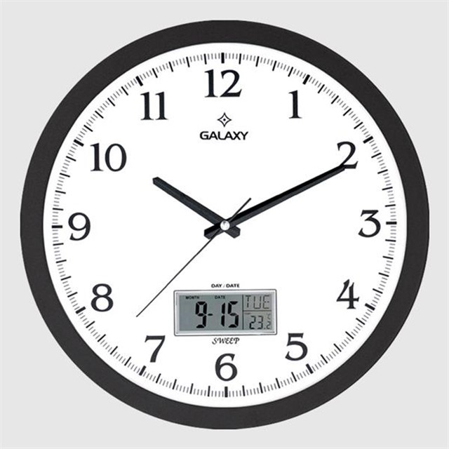 T - 1964 - K DUVAR SAATI SIYAH CERCEVELI 35.5CM TAKVIMLI TERMOMETRELI HIGROMETRELI ANALOG VE DIJITAL GOSTERGELI AMERIKAN BRISTOL KADRAN AKAR SANIYELI MEKANIZ METALIK AKREP/YELOKOVAN/SANIYE MINERAL CAM