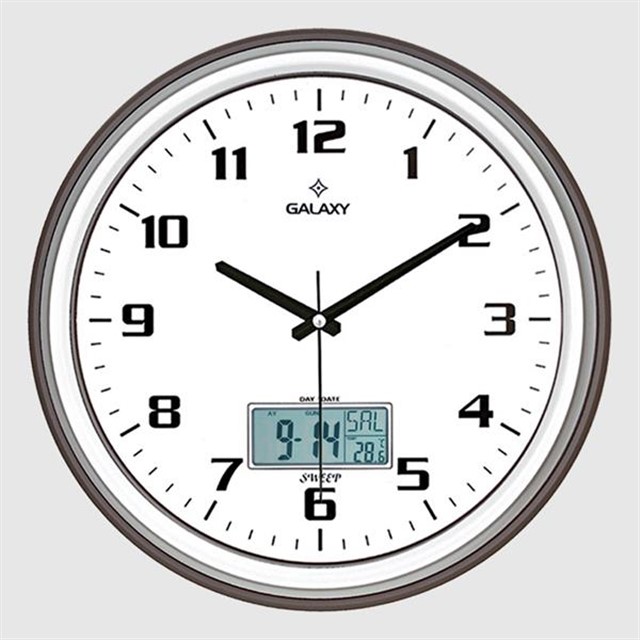 T - 1971 - FG DUVAR SAATI KAHVE - GRI CIZGI CERCEVELI 35.5CM TAKVIMLI TERMOMETRELI HIGROMETRELI ANALOG VE DIJITAL GOSTERGELI AMERIKAN BRISTOL KADRAN AKAR SANIYELI MEKANIZ METALIK AKREP/YELOKOVAN/SANIYE