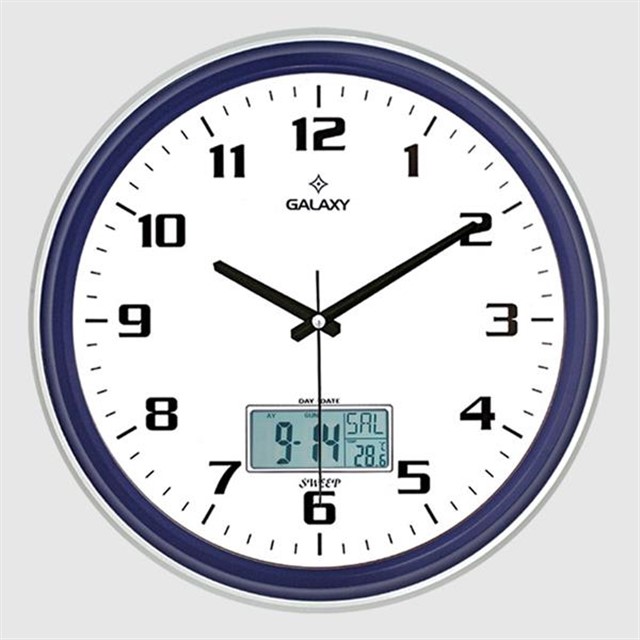 DUVAR SAATI LACIVERT - GRI CIZGI CERCEVELI 35.5CM TAKVIMLI TERMOMETRELI HIGROMETRELI ANALOG VE DIJITAL GOSTERGELI AMERIKAN BRISTOL KADRAN AKAR SANIYELI MEKANIZ METALIK AKREP/YELOKOVAN/SANIYE MINERAL CAM