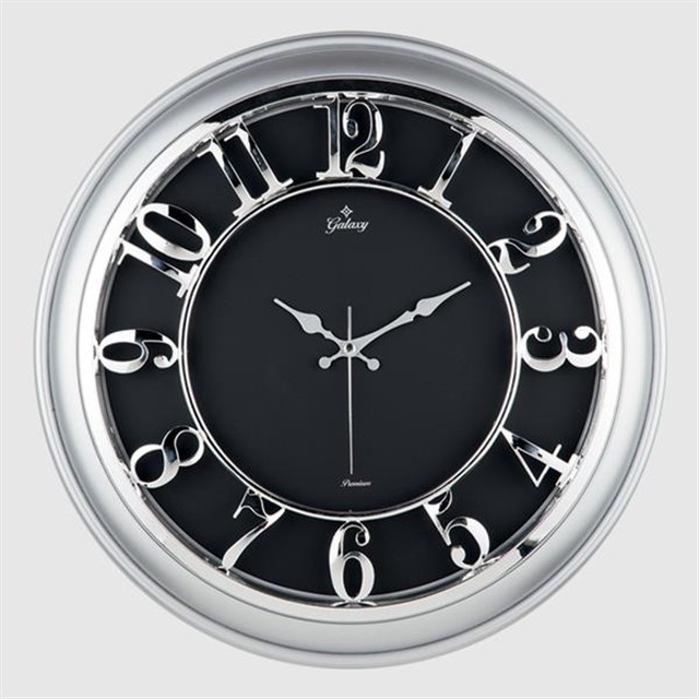 DUVAR SAATI GUMUS GRI CERCEVELI ICI SIYAH 45CM KABARTMA RAKAMLI SELEFON KORUMALI AMERIKAN BRISTOL KADRAN METALIK AKREP/YELKOVAN/SANIYE AKAR SANIYELI MEKANIZMA AKRILIK BOYA ABS HAMMADDE MINERAL CAM