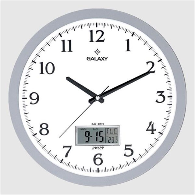 DUVAR SAATI GRI CERCEVELI 35.5CM TAKVIMLI TERMOMETRELI HIGROMETRELI ANALOG VE DIJITAL GOSTERGELI AMERIKAN BRISTOL KADRAN AKAR SANIYELI MEKANIZ METALIK AKREP/YELOKOVAN/SANIYE MINERAL CAM