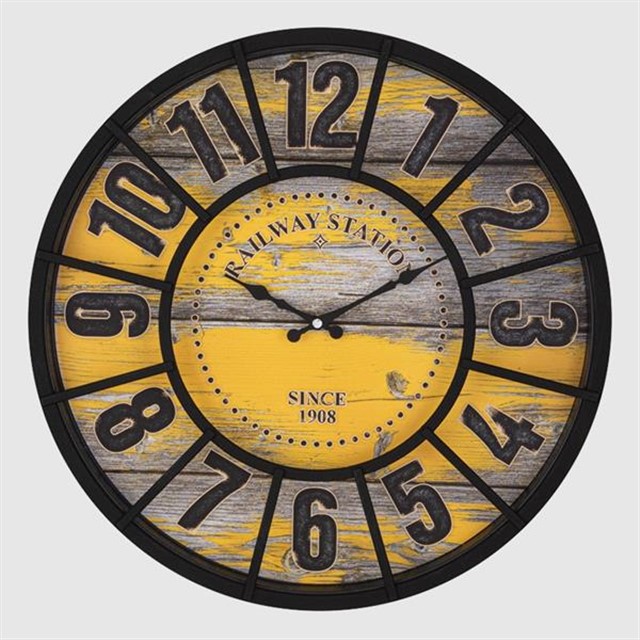 742 - 4 DUVAR SAATI DIS KENAR SIYAH ICI SARI 50CM DEKORATIF EKSITME MDF KADRAN METALIK AKREP/YELKOVAN AKAR MEKANIZMA AKRILIK BOYA ABS HAMMADDE