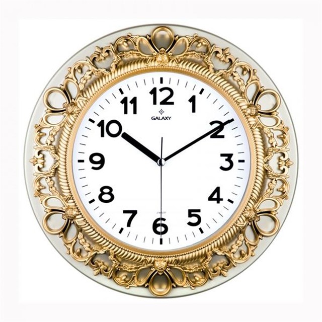 DUVAR SAATI ALTIN SARISI CERCEVE CAP:32.8CM AKRILIK BOYALI 2 RENK ABS KASA MINERAL CAM SESSIZ AKAR MAKINE PVC KADRAN KADRAN OLCUSU: 205MM KADRAN BASKI ALANI: 145MM