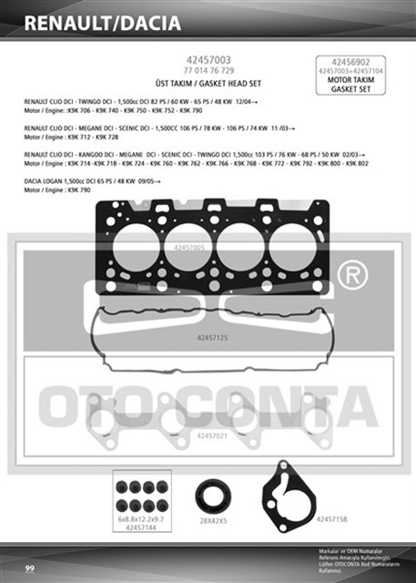 UST TAKIM CONTASI CLIO - KNG - MGN - LOGAN - SANDERO 1.5DCI K9K 712 - 714 - 718 - 724 - 760 TEFLON KECELI SUB.LAS