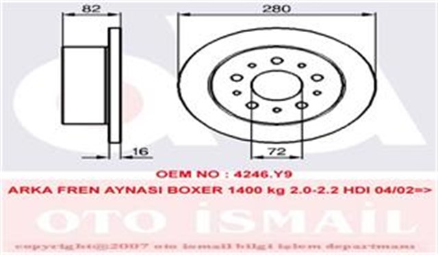ARKA FREN AYNASI DUCATO I II III 94 BOXER I II II 94 JUMPER I II III 94 280X16X5DL 1.4Q