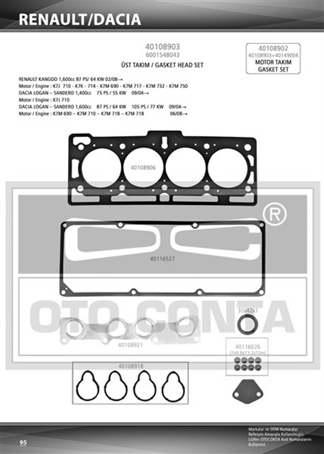 UST TAKIM CONTASI DACIA LOGAN 1.4 - 1.6 8V K7J 710 - K7M 690 KECELI SUBAP LASTIKLI