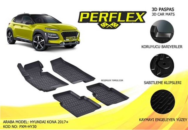 PERFLEX 3D X - MAT HAVUZLU PASPAS CESITLERI SIYAH HYUNDAI KONA 2017 3D X - MAT 5 PCS