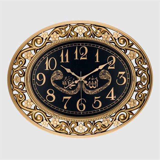 DUVAR SAATI AKRILIK ESKITME BOYALI ALLAH - MUHAMMED - VAV CAP:60CMX 50CM ABS KASA AKAR SANIYELI MEKANIZMA OZEL KABARTMALI PVC KADRAN METALIK AKREP YELKOVAN SANIYE MINERAL