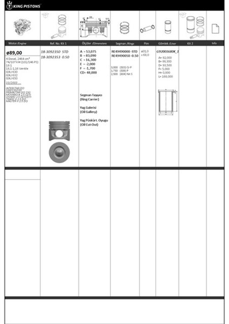 PISTON KITI 1 89 STD OPEL - NISSAN - RENAULT - VAUXHALL INTERSTAR DCI 100/120/150 PRIMASTAR DCI 150 MOVA NO - A 2.5 CDTI VIVARO 2.5 CDTI/DTI TRAFIC II 2.5 DCI MASTER II 2.5 DCI G9U 630 - G9U 632 - G9U 650