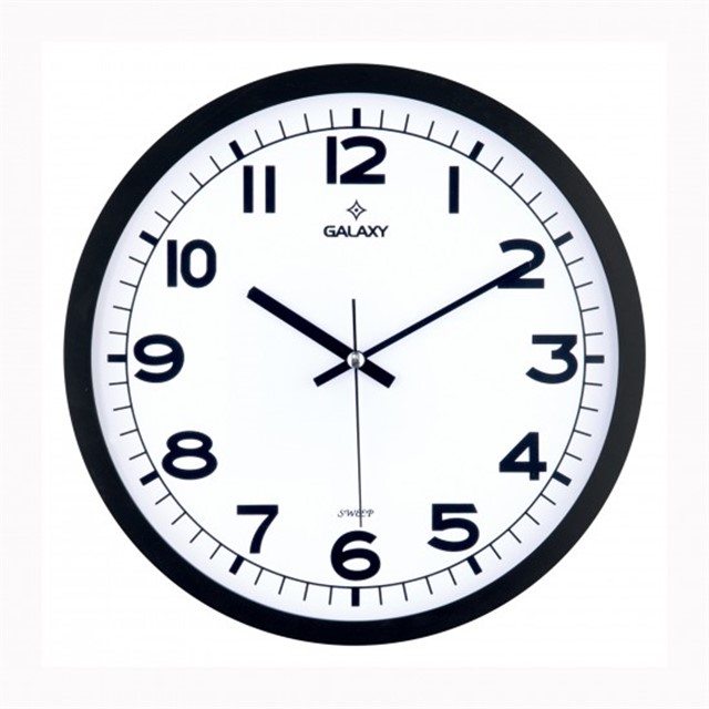 DUVAR SAATI SIYAH CERCEVE CAP:29.5CM AKRILIK BOYALI ABS CERCEVE MINERAL CAM SESSIZ AKAR MAKINE PVC KADRAN KADRAN OLCUSU: 286MM KADRAN BASKI ALANI: 175MM