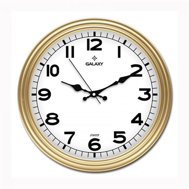 DUVAR SAATI ALTIN SARISI CERCEVE CAP:30CM AKRILIK BOYALI ABS CERCEVE MINERAL CAM SESSIZ AKAR MAKINE PVC KADRAN KADRAN OLCUSU: 286MM