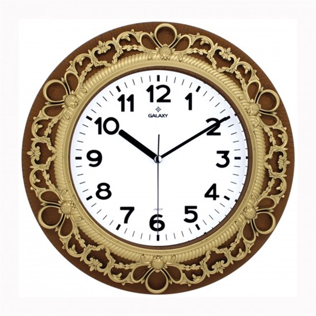 DUVAR SAATI KAVERENGI - ALTIN SARISI CERCEVE CAP:32.8CM AKRILIK BOYALI 2 RENK ABS KASA MINERAL CAM SESSIZ AKAR MAKINE PVC KADRAN KADRAN OLCUSU: 205MM KADRAN BASKI ALANI: 145MM