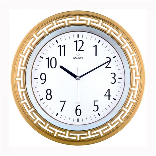 DUVAR SAATI ALTIN SARISI CERCEVE CAP:34.4CM AKRILIK BOYALI 2 RENK ABS KASA MINERAL CAM SESSIZ AKAR MAKINE PVC KADRAN KADRAN OLCUSU: 240MM KADRAN BASKI ALANI:150MM