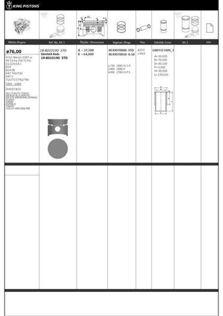 MOTOR KITI PISTON SEGMAN R12 R9 1.4 76.00 STD RIKEN SEGMANLI