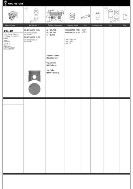 PISTON SEGMAN 1 RIKEN 91.1 STD 2. - 4. SIL.K2500 TCI BONGO - STAREX 2.5TCI D4BH 87 - 71339 - STD