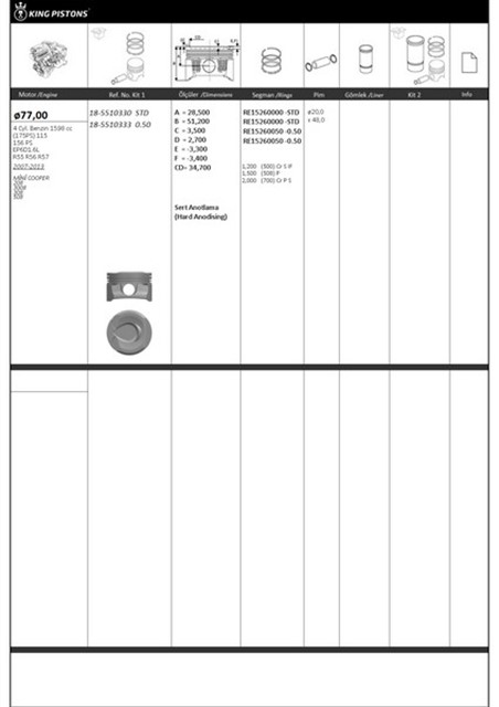 PISTON KITI 1 77 STD BMW - PEUGEOT MINI COOPER 208 3008 308 508 EP6D1.6L - R55 R56 R57