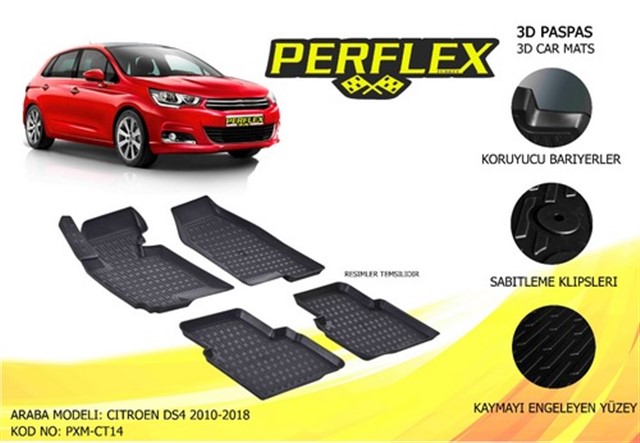 PERFLEX 3D X - MAT HAVUZLU PASPAS CESITLERI SIYAH CITROEN DS4 2010 - 2018 3D X - MAT 5 PCS