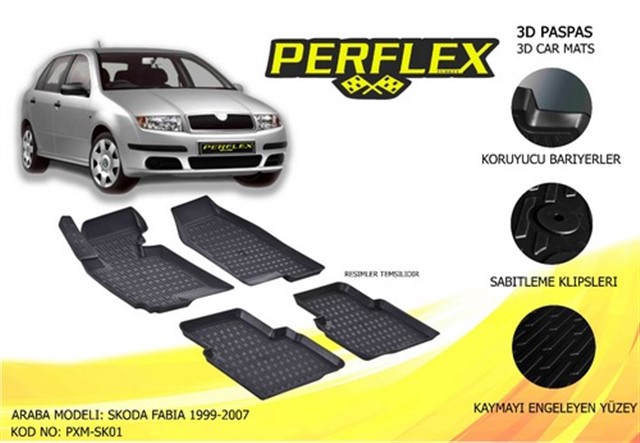 PERFLEX 3D X - MAT HAVUZLU PASPAS CESITLERI SIYAH SKODA FABIA 1999 - 2007 3D X - MAT 5 PCS