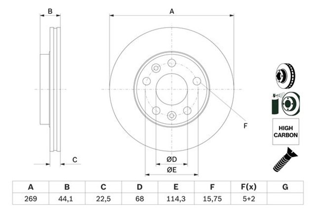 ON FREN DISKI DACIA DUSTER I 10 18 DUSTER II 18 RENAULT MEGANE IV 15 DIS CAP: 269MM DISKI KALINLIGI: 22.5MM 5 DELIK HAVALANDIRMALI