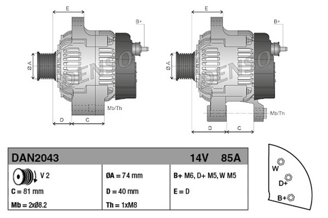ALTERNATOR DAN2043 ALT A115 14V 85A