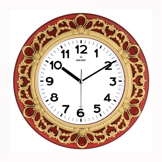 DUVAR SAATI KIRMIZI - ALTIN SARISI CERCEVE CAP:32.8CM AKRILIK BOYALI 2 RENK ABS KASA MINERAL CAM SESSIZ AKAR MAKINE PVC KADRAN KADRAN OLCUSU: 205MM KADRAN BASKI ALANI: 145MM