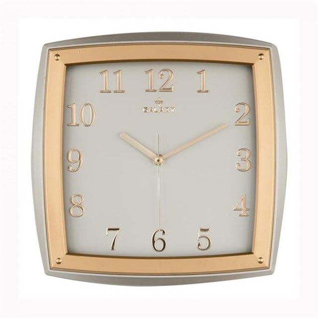 DUVAR SAATI GRI - ALTIN SARISI CERCEVE CAP:31CMX31CM AKRILIK BOYALI 2 RENK ABS KASA MINERAL CAM SESSIZ AKAR MAKINE VARAK BASKILI KABARTMA RAKAM KASA BASKI ALANI: 110MM