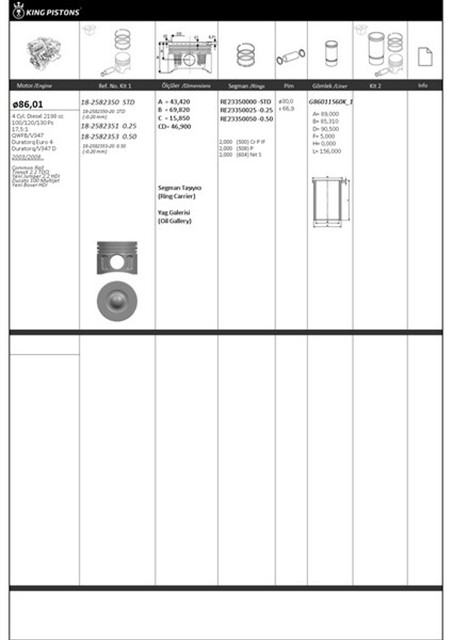PISTON SEGMAN 1 RIKEN SEG. 0.50 86.01 050 UST OLCU FORD - FIAT - PEUGEOT - CITROEN QWFB - V347 - EURO 4 COMMON RAIL TRANSIT 2.2 TDCI JUMPER - DUCATO - BOXER 87 - 72703 050 - 8772703050000G - 8772703050000G