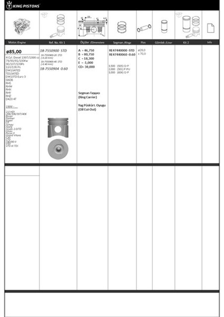PISTON SEGMAN 1 RIKEN SEG. STD 85 - 20 KISA PEUGEOT - SUZUKI - VOLVO - FORD - FIAT DW10ATED - TD10ATED - EURO 3 2.0HDI 206/306/307/406 BOXER PARTNER - C5 - JUMPY 2.0JTD - FOCUS - C30 C70 S40 87 - 71796 - STD1 - 8771796STD100G