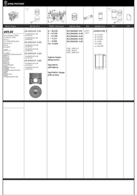 MOTOR PISTON SEGMAN 040 69.60MM EURO5 ASTRA J - CORSA D - FIORINO - LINEA 1.3 16V A13DTE STARSTOP YOK 90PS 8772660040000G - 87 - 72660 040 87 - 435706 - 22