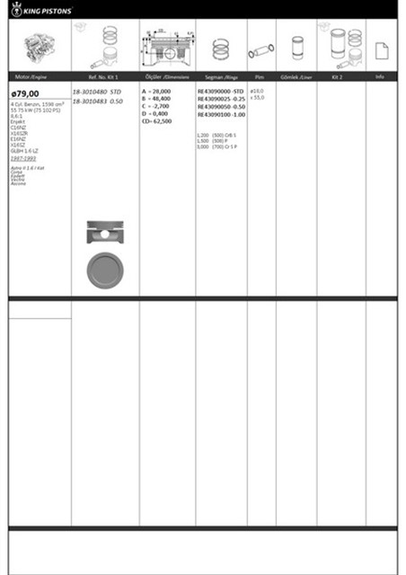 PISTON KITI 1 79 0.50 OPEL ASTRA II 1.6 I KAT CORSA KADETT VECTRA ASCONA C16NZ - X16SZR - E16NZ - X16SZ - GLBH 1.6 LZ