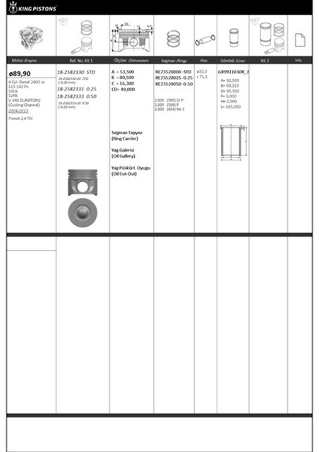 PISTON KITI 1 89.9 STD FORD TRANSIT 24 TDI 0.20 MM KISA - SXFA - SVFB - V 348 DURATORQ - COOLING CHA