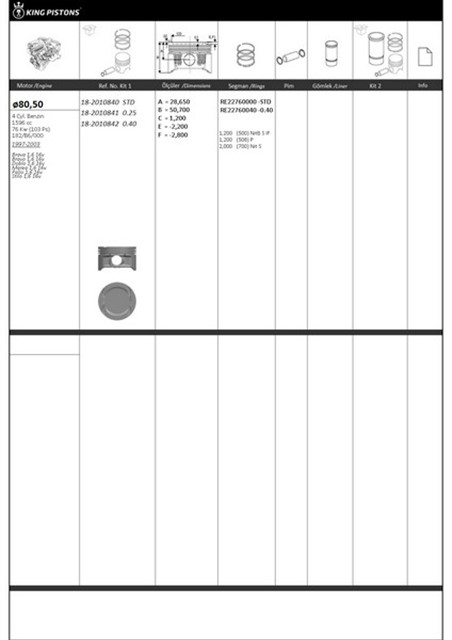 PISTON KITI 1 80.5 STD FIAT BRAVA 16 16V BRAVO 16 16V DOBLO 16 16V MAREA 16 16V PALIO 16 16V STILO 16 16V 182/B6/000