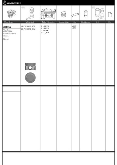 PISTON KITI 1 78.5 0.50 PEUGEOT - CITROEN 301 C - ELYSEE EC5 1.6 VTI EURO 5