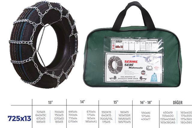 PATINAJ ZINCIRI BINEK VE HAFIF TIC.ARAC SERME 13 - 14 - 15 - 16 JANT 725X13 ZINCIR EBATLARI ICIN RESIME