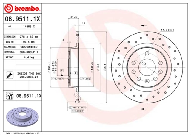 ARKA FREN AYNASI VECTRA C 02 SIGNUM 03 SAAB 9.3 02 CROMA 05 278X12X5DL DOLU