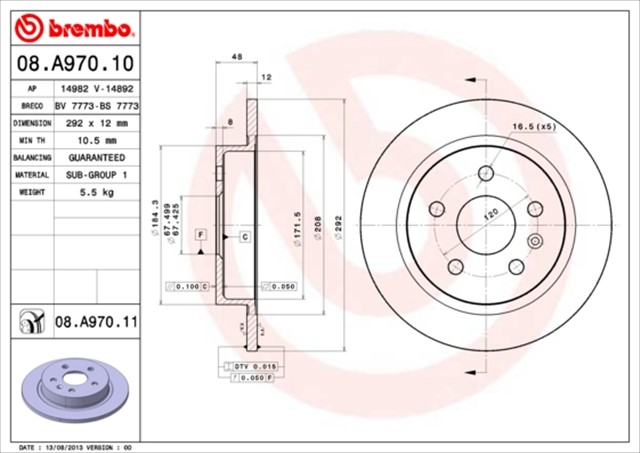 ARKA FREN AYNASI INSIGNIA A 08 SAAB 9 - 5 YS3G 10 16 JANT 292X12X5DL DOLU