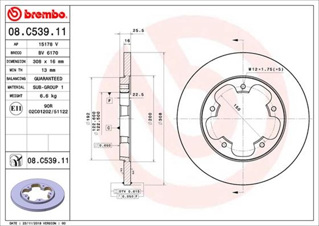 ARKA FREN DISKI TRANSIT V363 14 TEK TEKER A.CEKER DUZ 308MM 5 BIJON