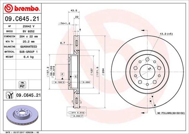 ON FREN AYNASI DISK FIAT EGEA 16 1.0 1.3 MTJ 1.4 1.5 1.6 MTJ 5 BIJON DIS:284MM K:24MM