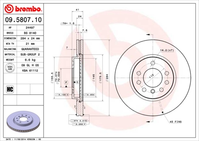 ON FREN AYNASI CALIBRA 93 - 97 VECTRA A - SAAB 900 93 - 98 2.0 - 2.3 - 2.5 284X24X7DLXHAVALI