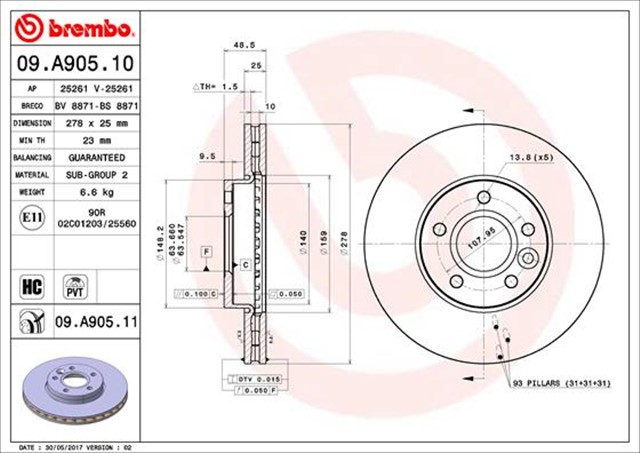 ON FREN AYNASI DISK FOCUS III 11 FOCUS II 04 11 C MAX 03 07 VOLVO C30 06 12 C70 06 13 S40 II 04 12 V50 05 12 278X25X5DLXHVLI