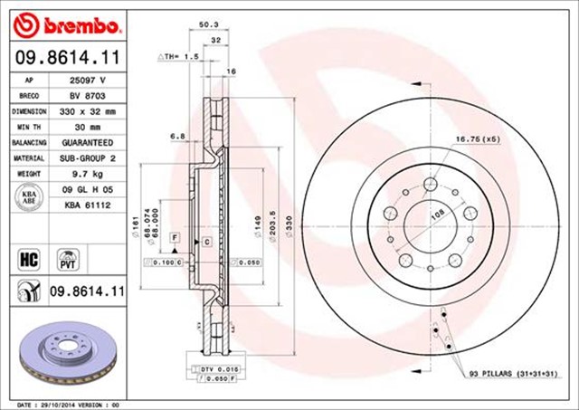 ON FREN AYNASI VOLVO S60 2.5T AWD 384 2003 - 2010 V70 II 284 2003 - 2007 330X5DL